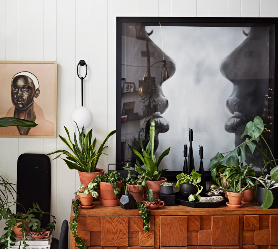 black and white room with fine art and plants