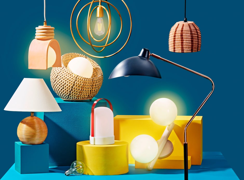 assorted light fixtures against blue background