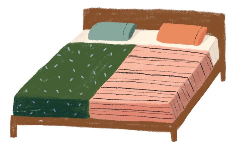 bed with green and pink blankets illustration