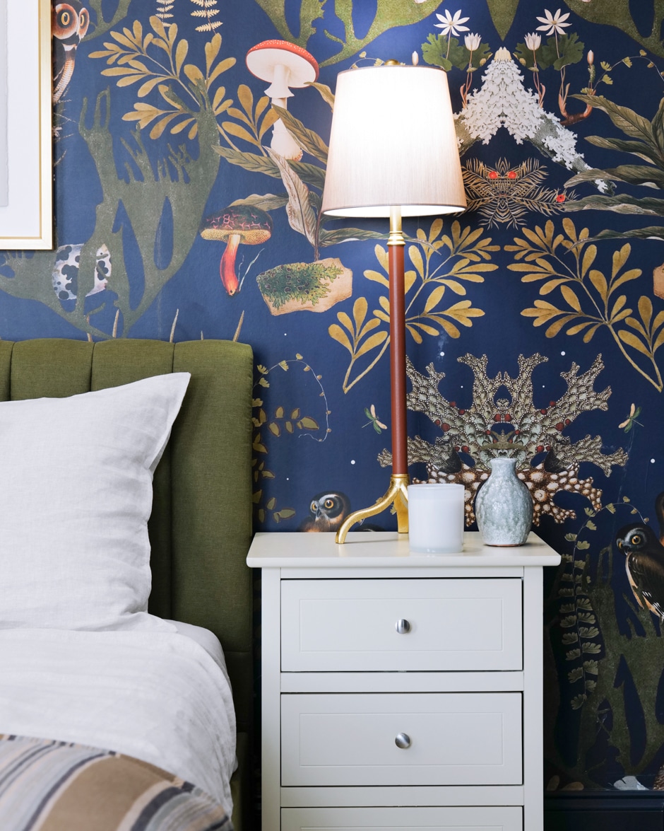 bedroom with green and blue patterned walls