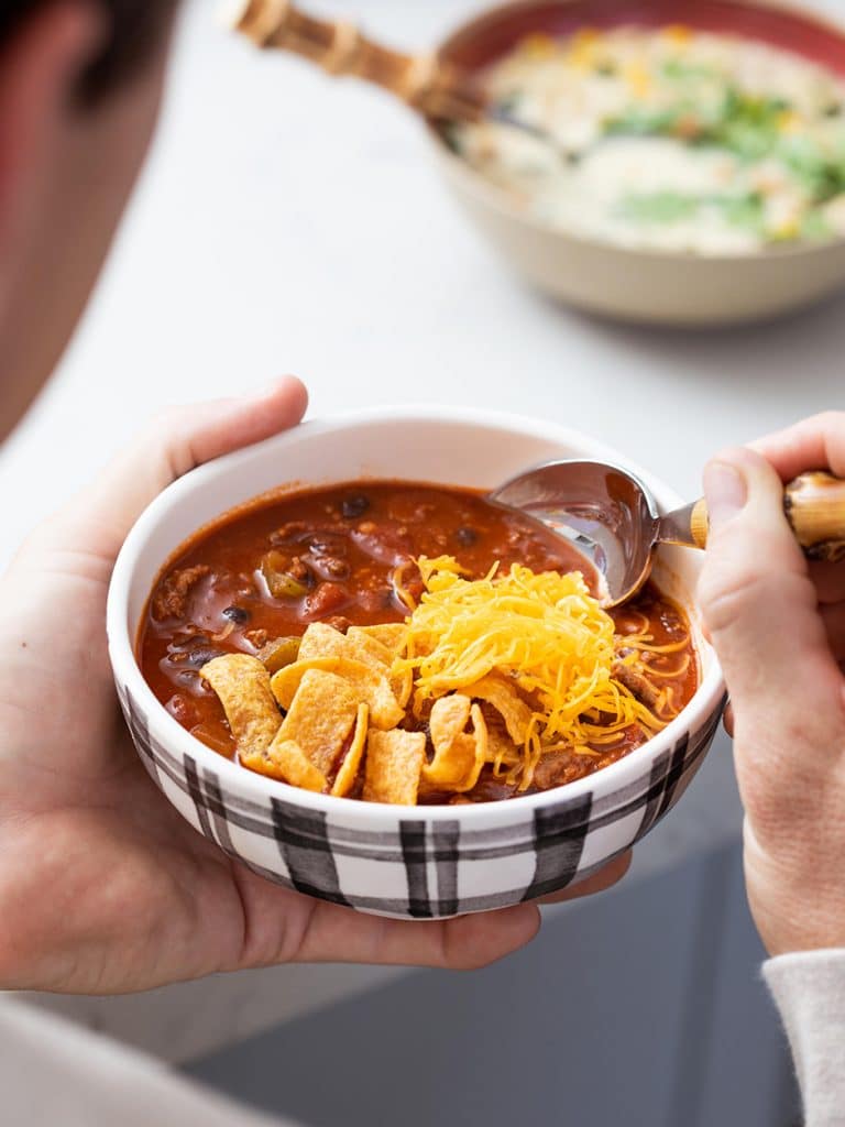 beef and bean chili with fritos and cheese