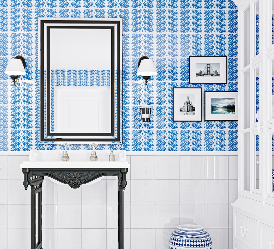 white bathroom with blue tiled wall