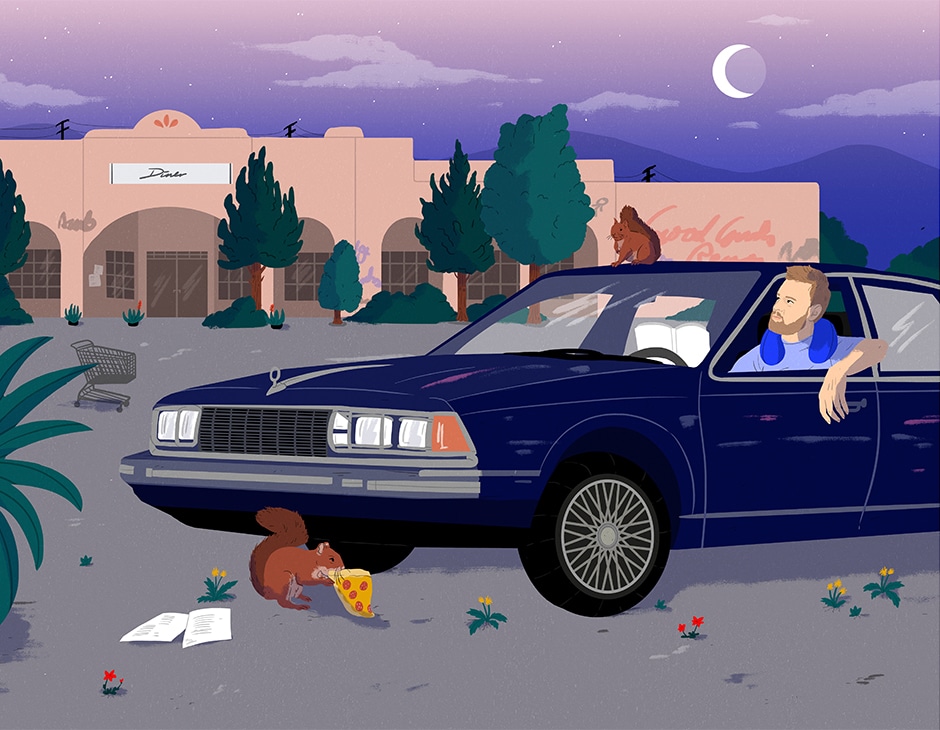 bobby berk sitting in car at night in store parking lot illustration