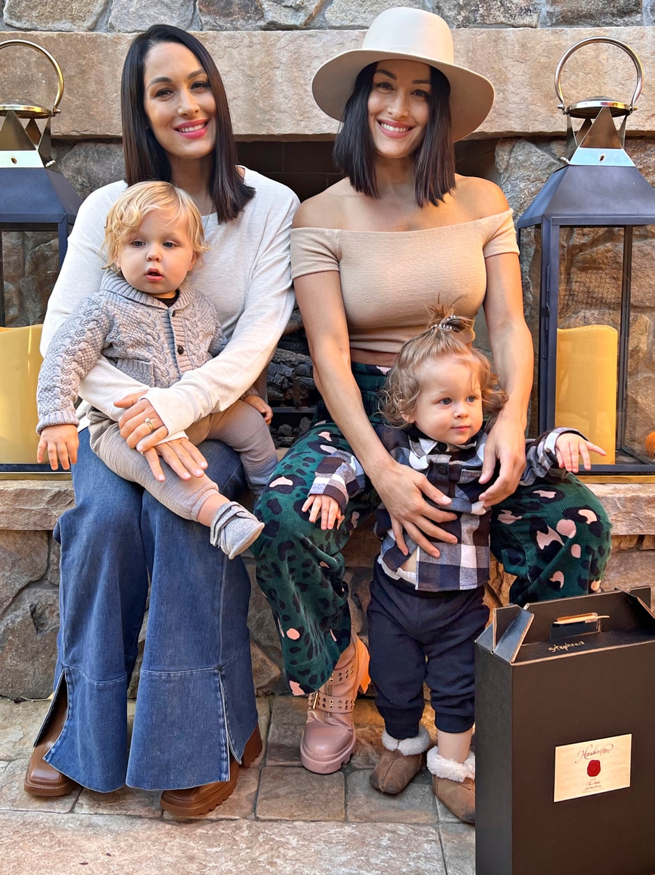 brie and bella with kids sitting on hearth