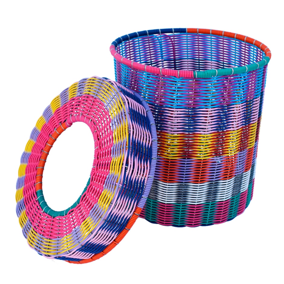 colorful braided wastebasket