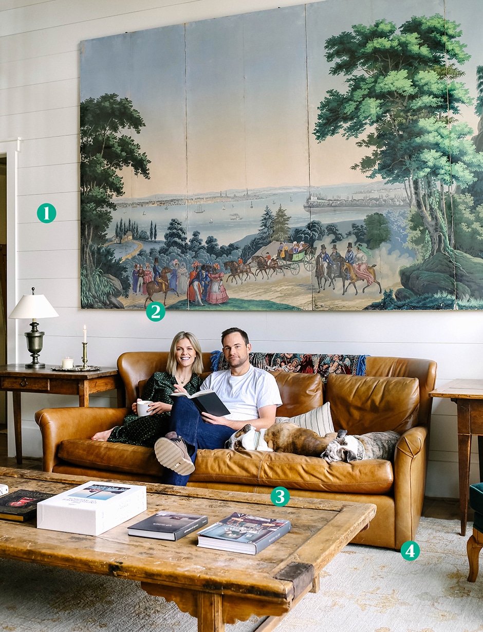 Brooklyn Decker and Andy Roddrick on living room couch with dogs