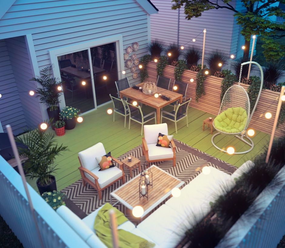 earthy deck renovation with string lights