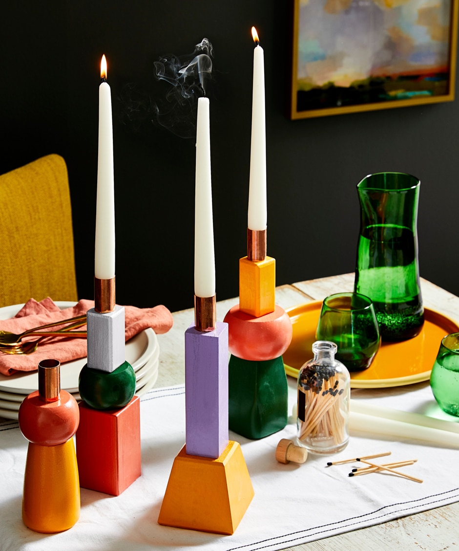 color block candle sticks on table