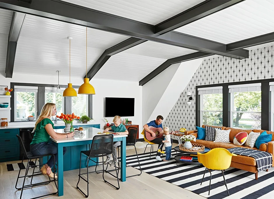 family hanging out in spacious garage game room