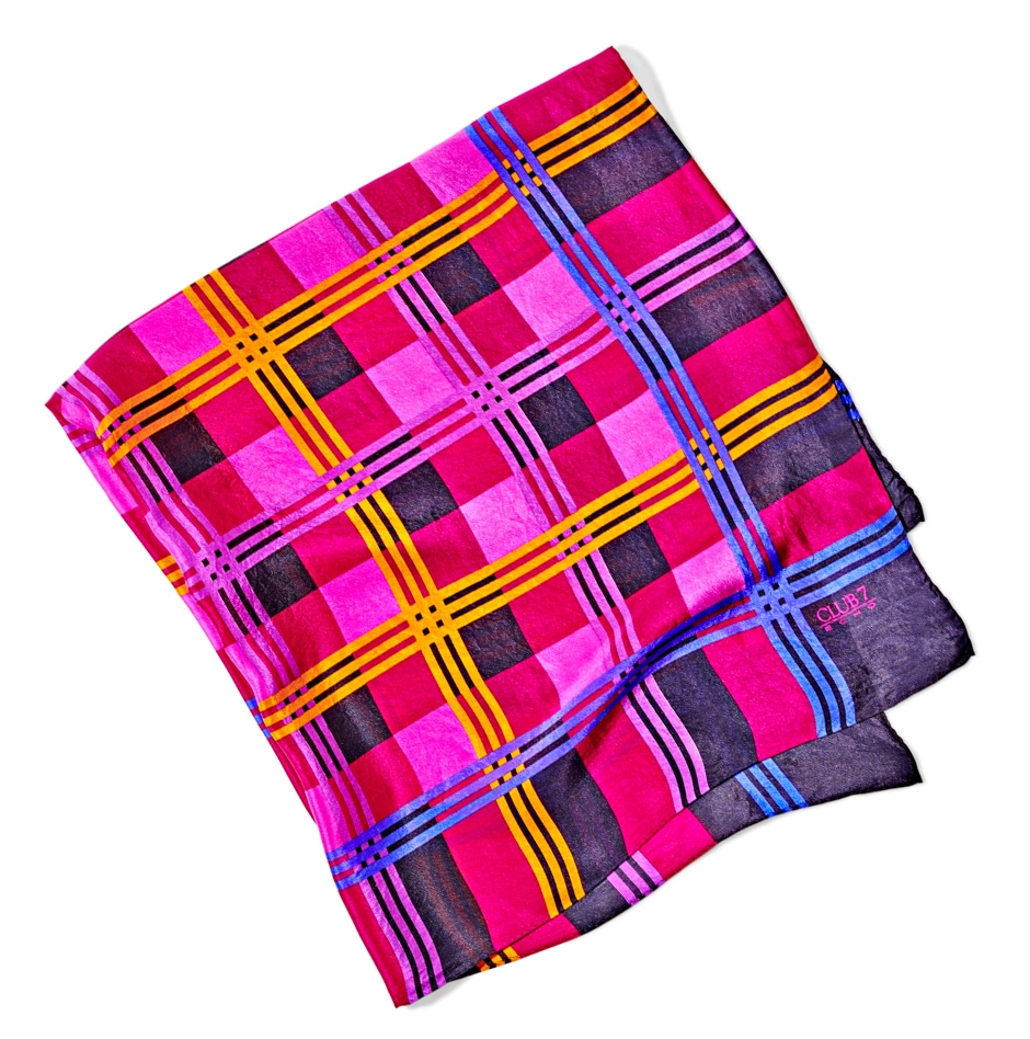 pink, yellow, and blue plaid fabric