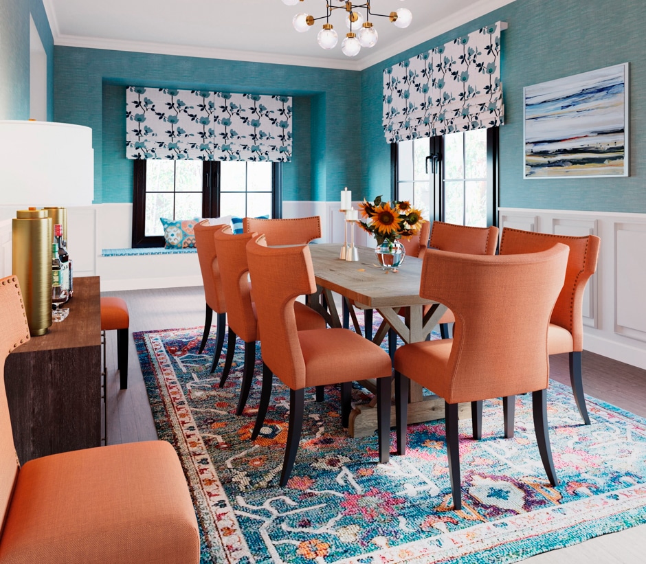bright and cheery patterned coral and team dining room