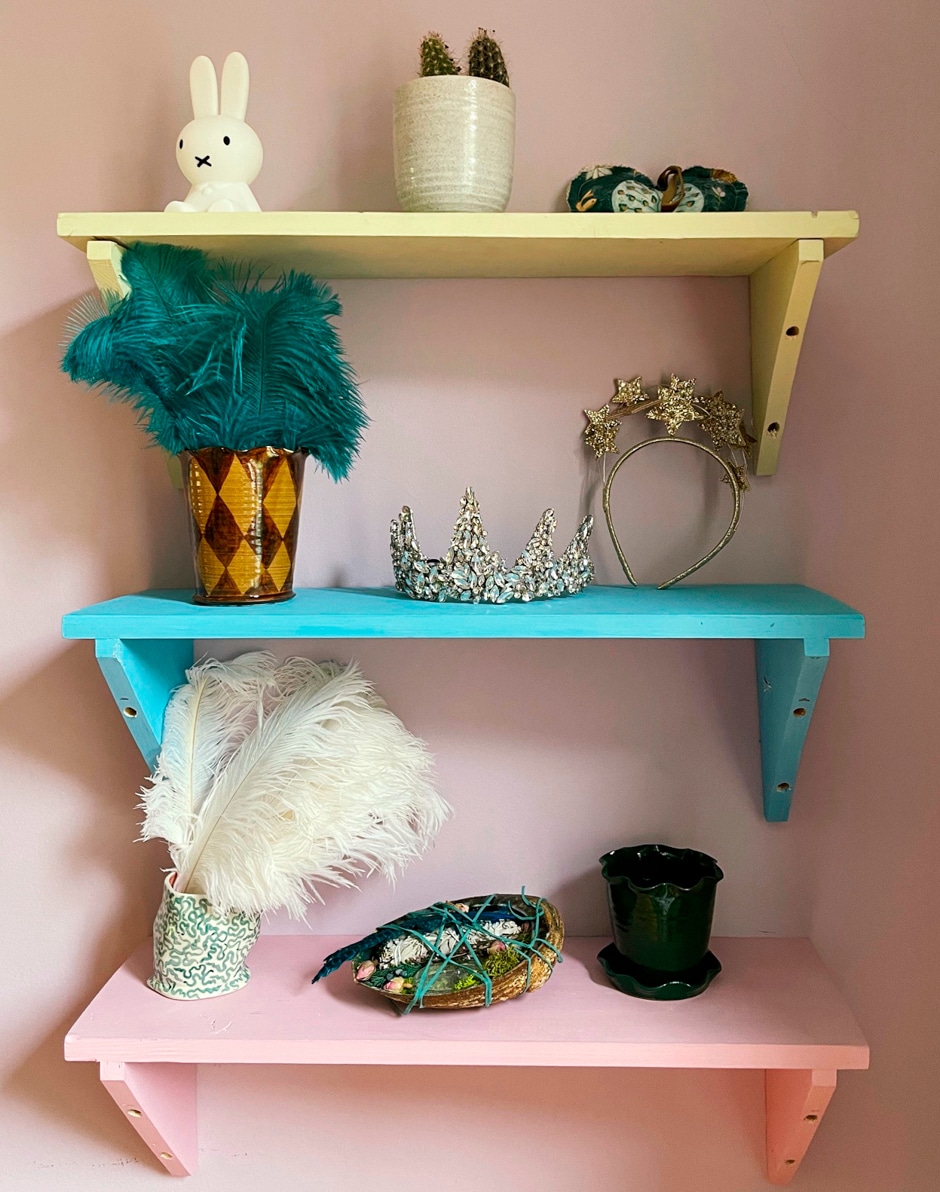 decorations on colorful shelves