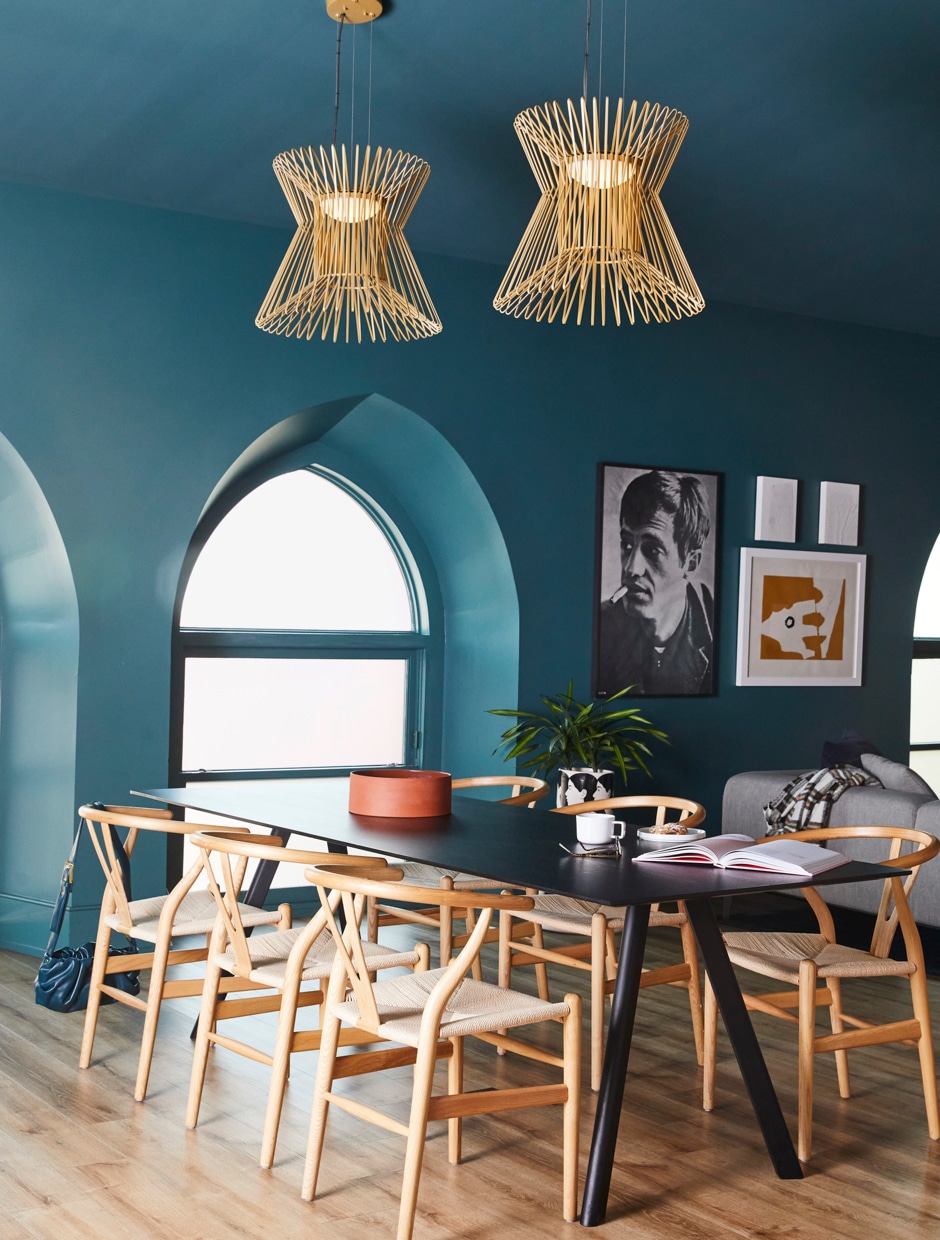 moody teal midcentury modern dining room