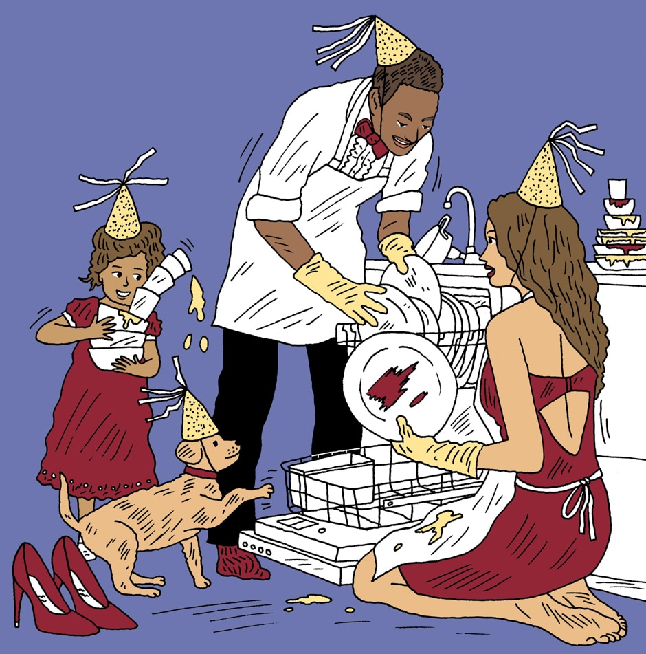 family and dog loading the dishwasher illustration