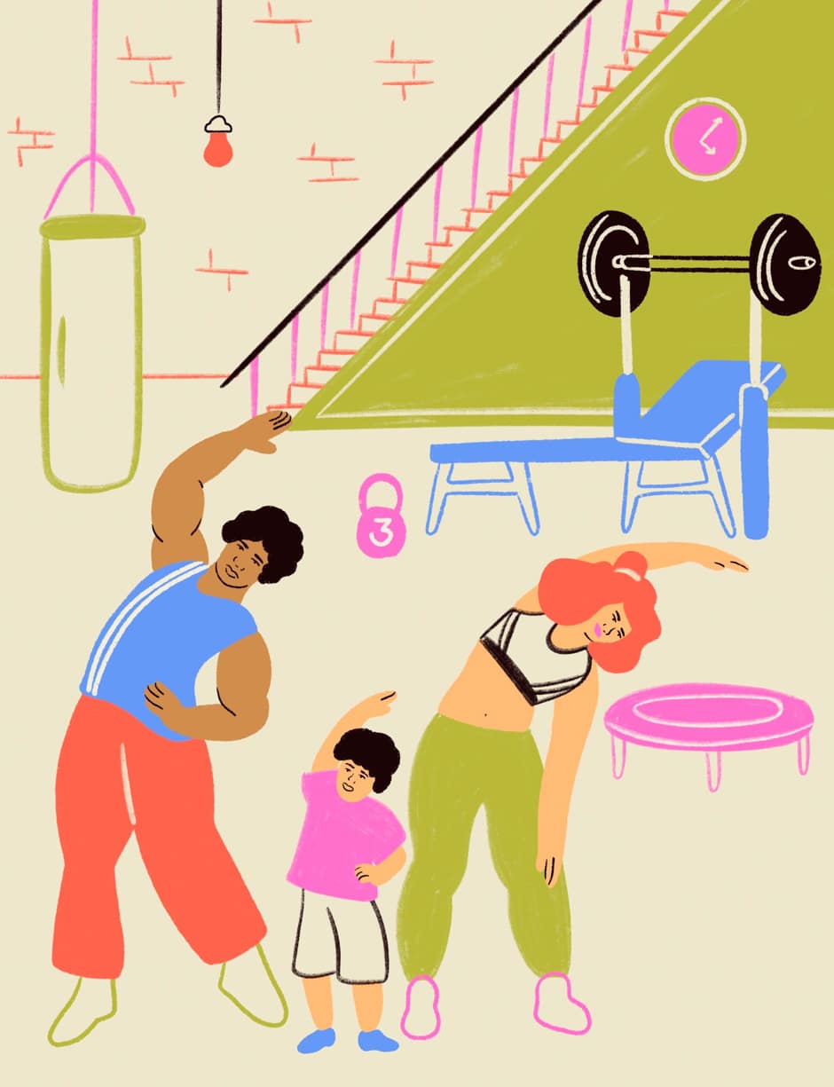 family rec room workout illustration