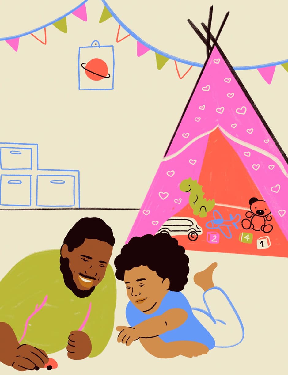 father and child playing on floor illustration
