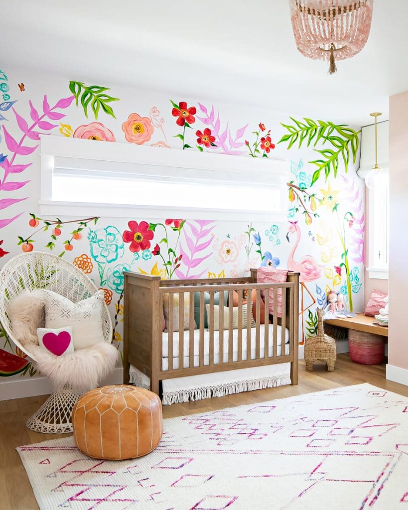 flowered mural in daughter's nursery