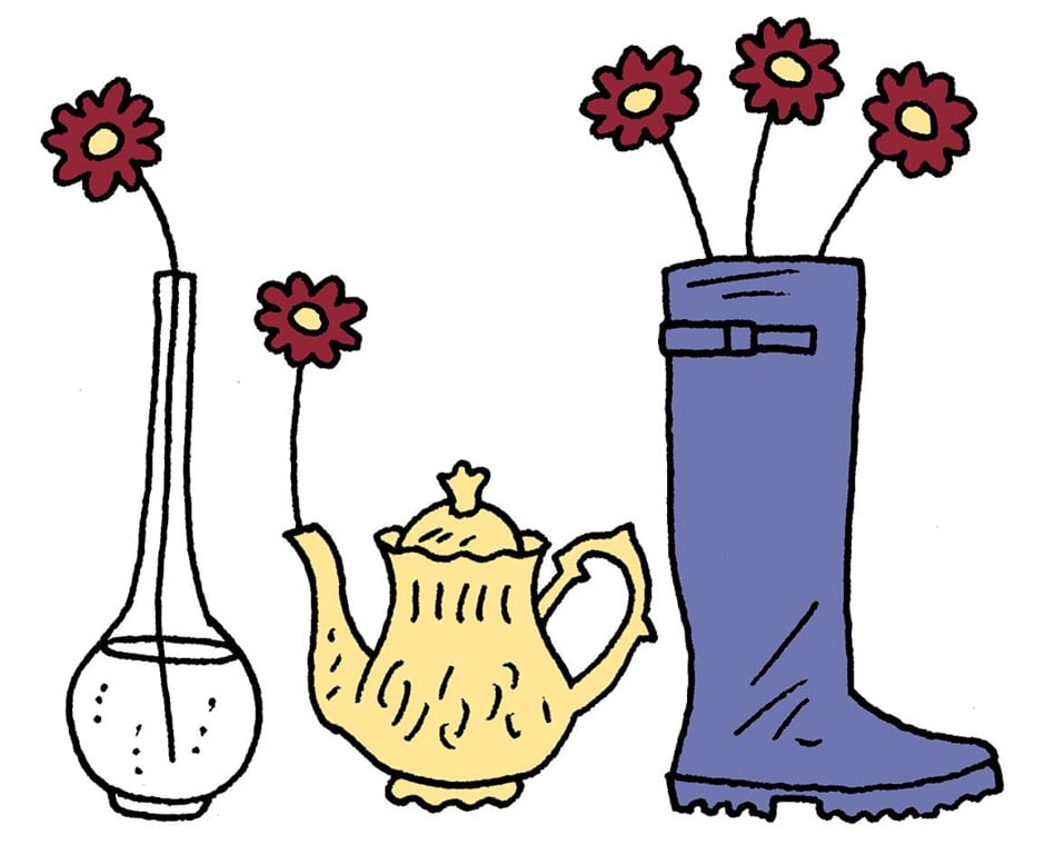 flowers in vase, pot, and boot