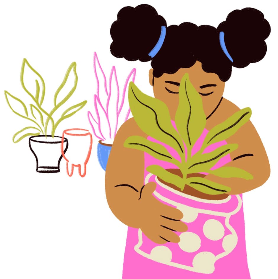 girl holding potted plant illustration