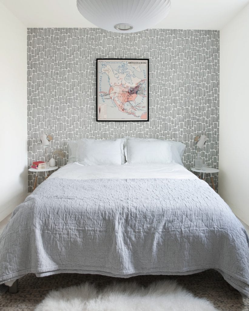 gray bedroom with patterned accent wall