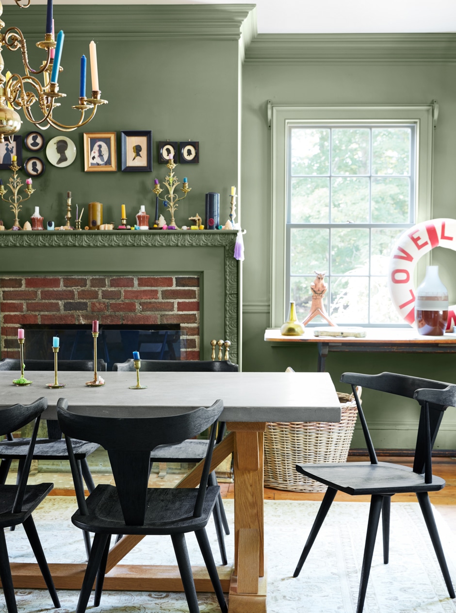 gray-green dining room with antique traditional accents