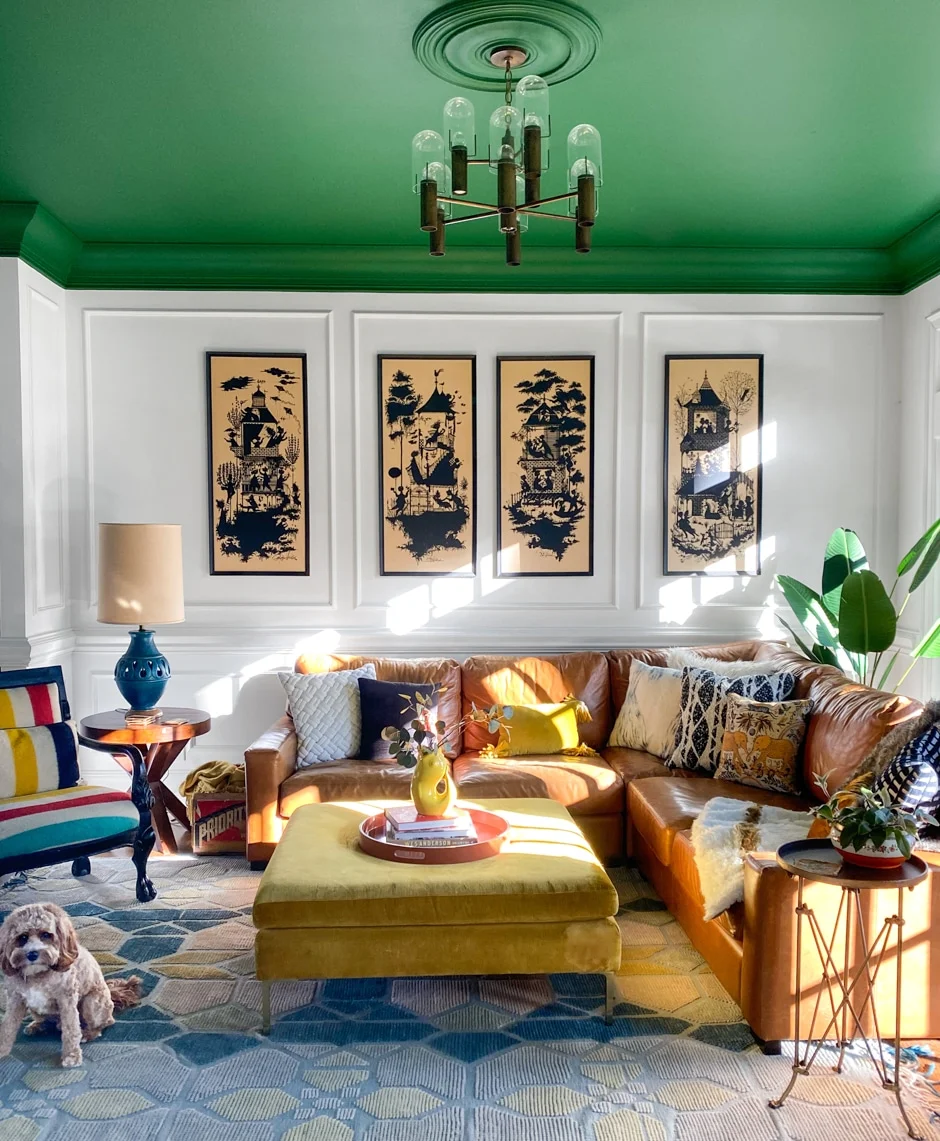 eclectic colorful living room with green ceiling