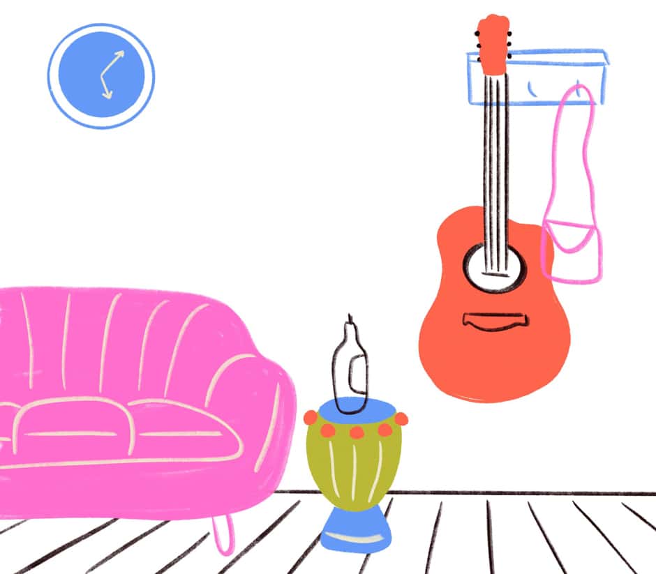 guitar hanging in room with couch illustration