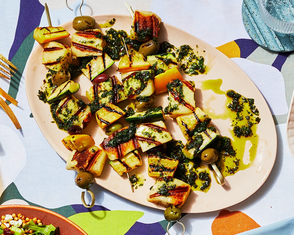 Halloumi & Zucchini Kebabs with Cilantro Sauce