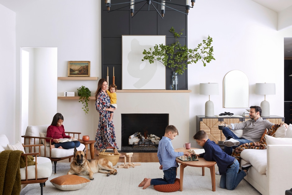 family life in busy modern living room