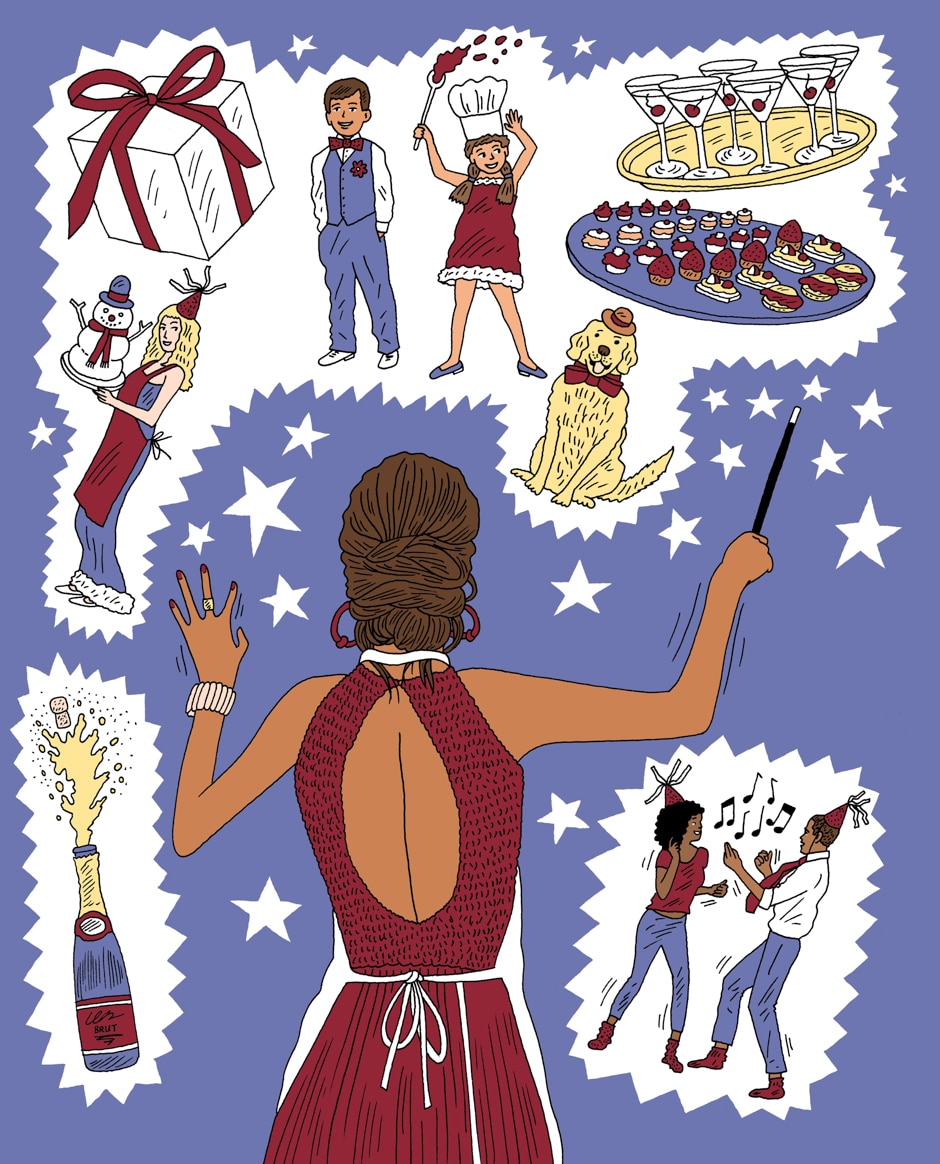 woman using magic wand for holiday celebrations illustration