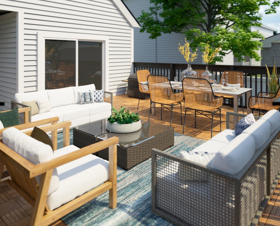 modern white deck redesign with wicker chairs