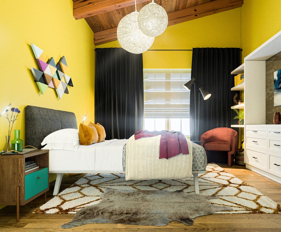 bright colored yellow guest bedroom with geometric designs