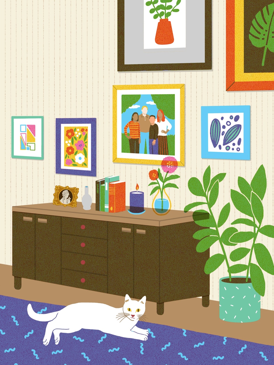 living room with gallery wall illustration