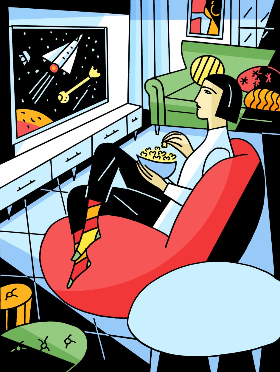 woman lounging in living room eating popcorn illustration