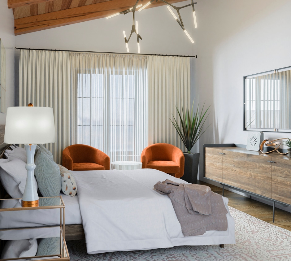 neutrals and burnt orange modern guest room redesign