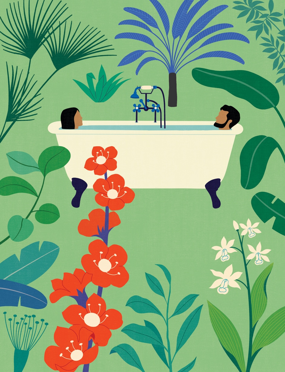 outdoor bathtub surrounded by flowers illustration