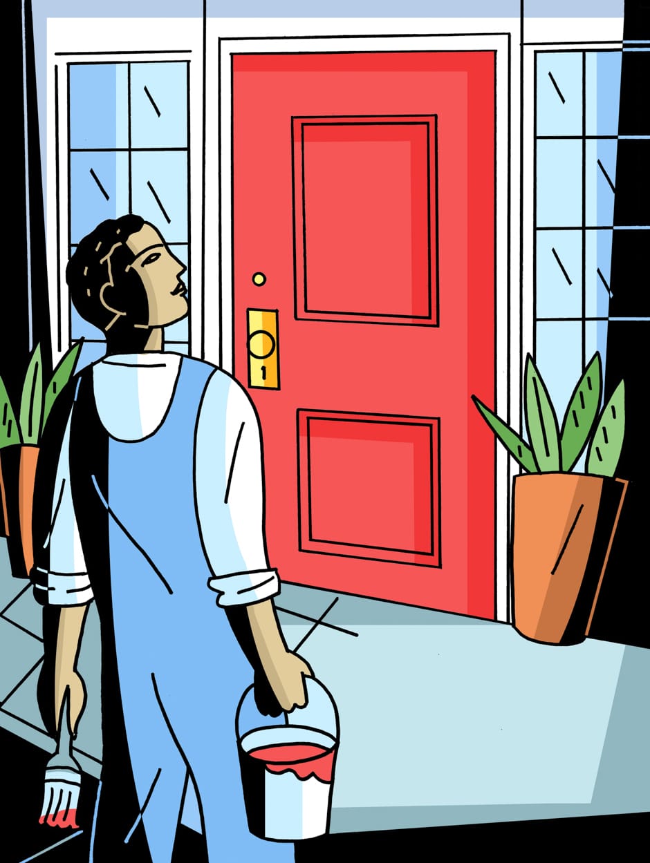man painting front door red illustration
