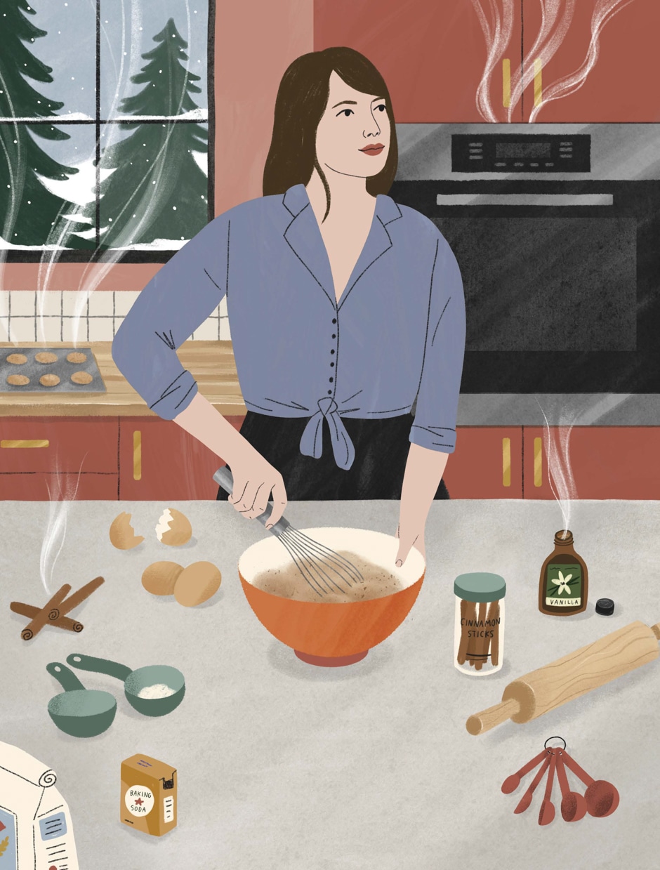 woman making pastries in kitchen illustration