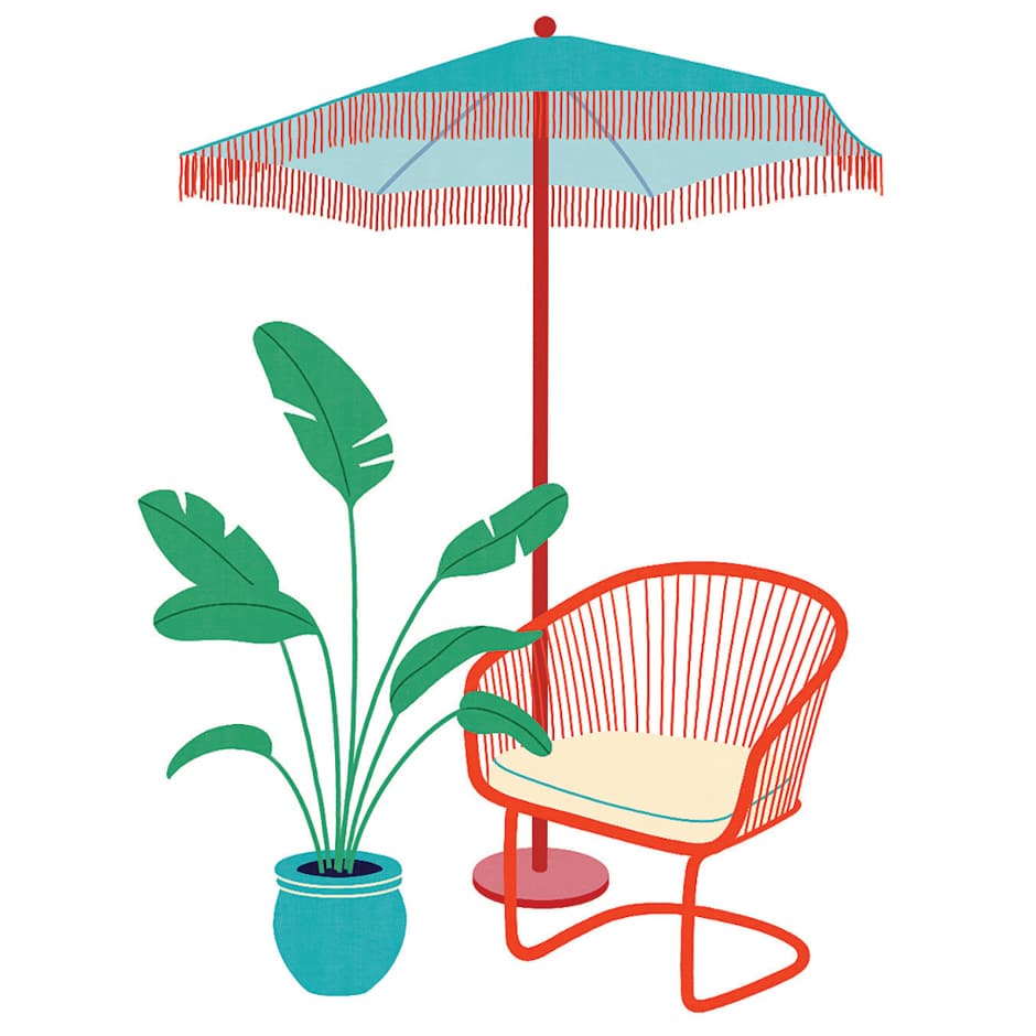 patio chair with umbrella and plant illustration