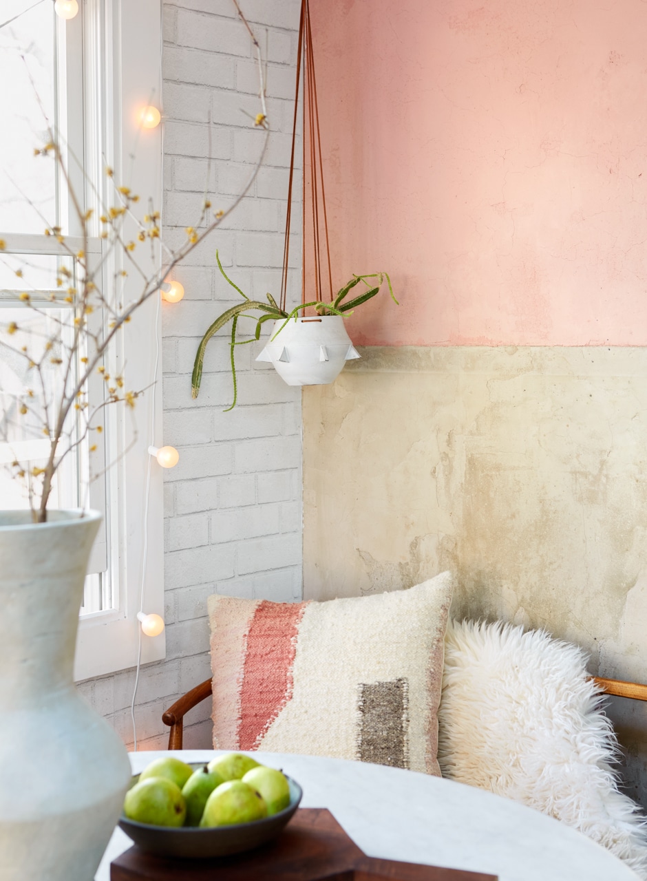 color block pink and tan corner with furry chair
