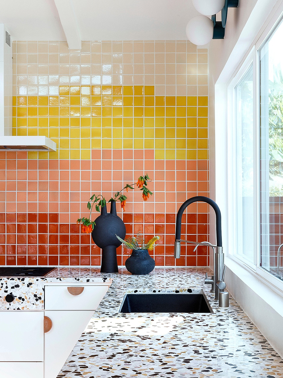red pink yellow ombre tile modern kitchen terrazzo counter
