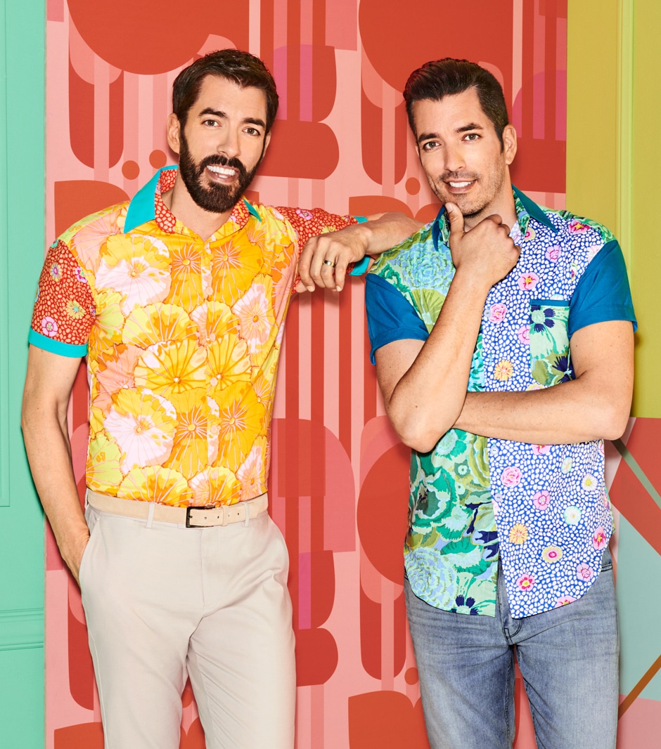 Drew and Jonathan wearing patterned colorful shirts