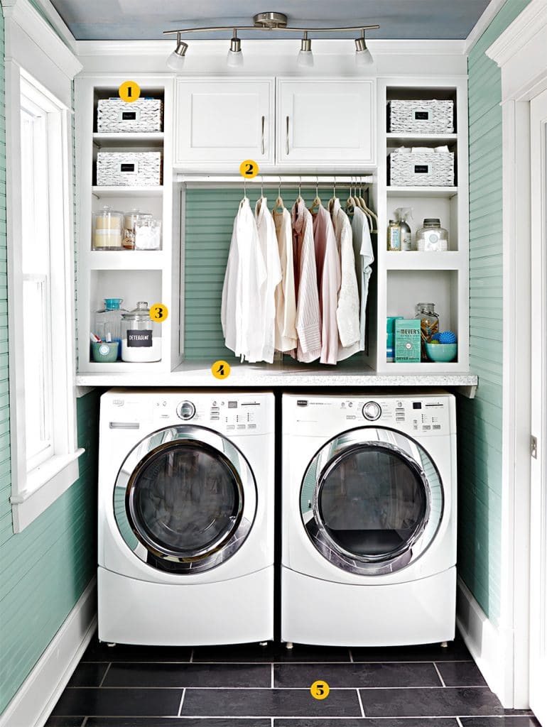 sea foam and white laundry room with washer and dryer