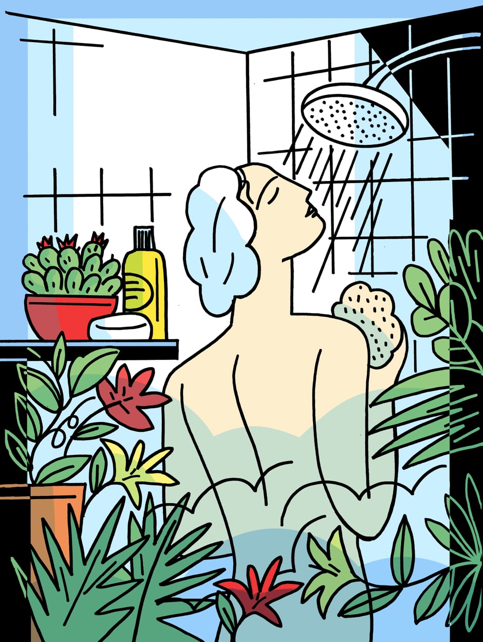 showering surrounded by plants illustration