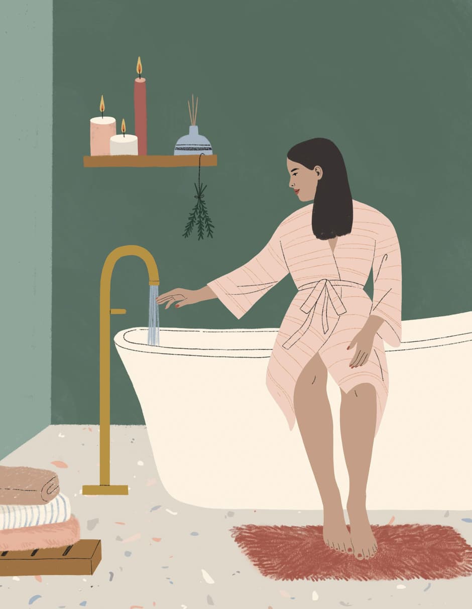 woman sitting on edge of bathtub illustration