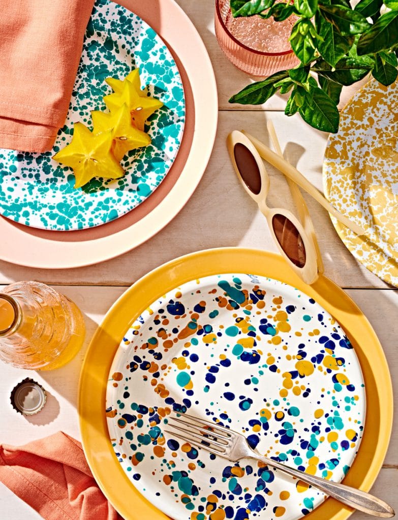 yellow, blue, and orange splatter plates