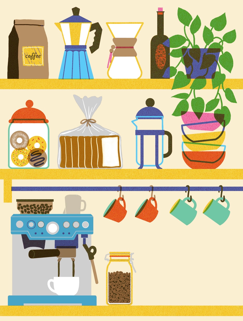 stocked kitchen shelves illustration