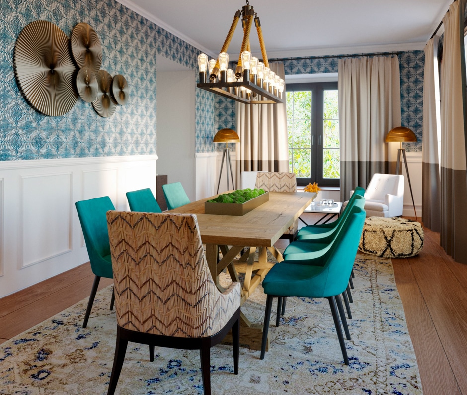 patterned tan and teal warm dining room