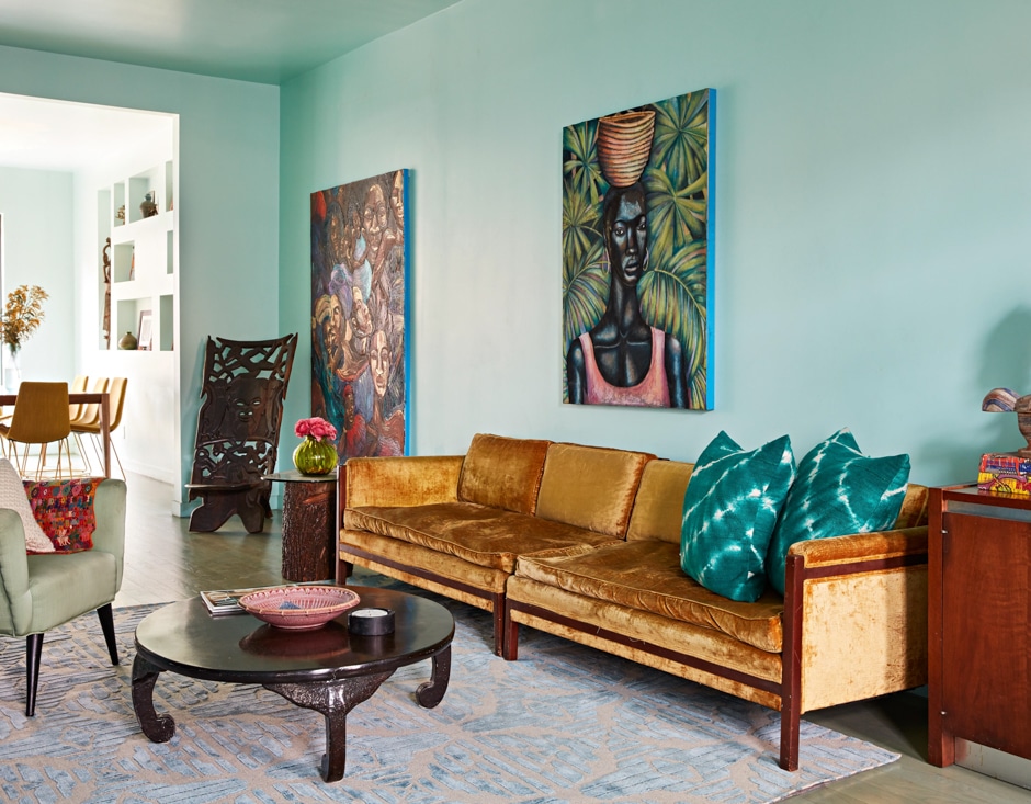 Turquoise, yellow, and pink artsy living room