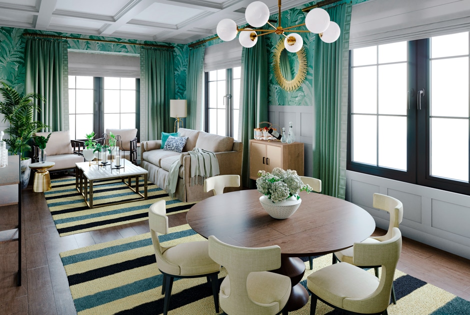 turquoise dining room with pale yellow and black accents and tropical wallpaper